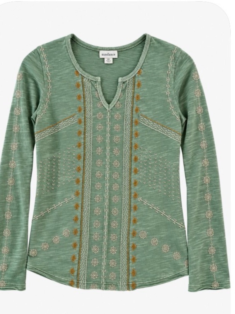Sundance Green Embroidered Long Sleeve Henley Top with Cream & Gold Accents